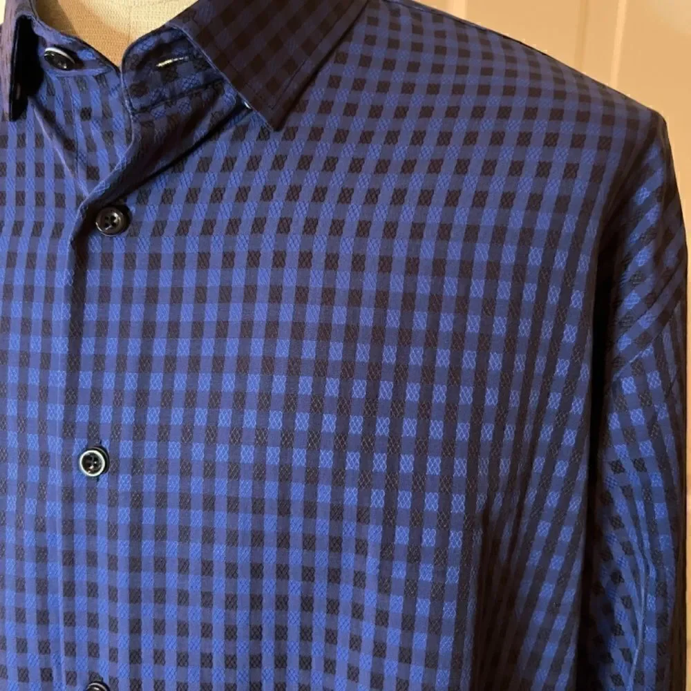 NWOT Men's Visconti Black Blue Gingham Button Down Flip Cuff Shirt Size XXL 2XL